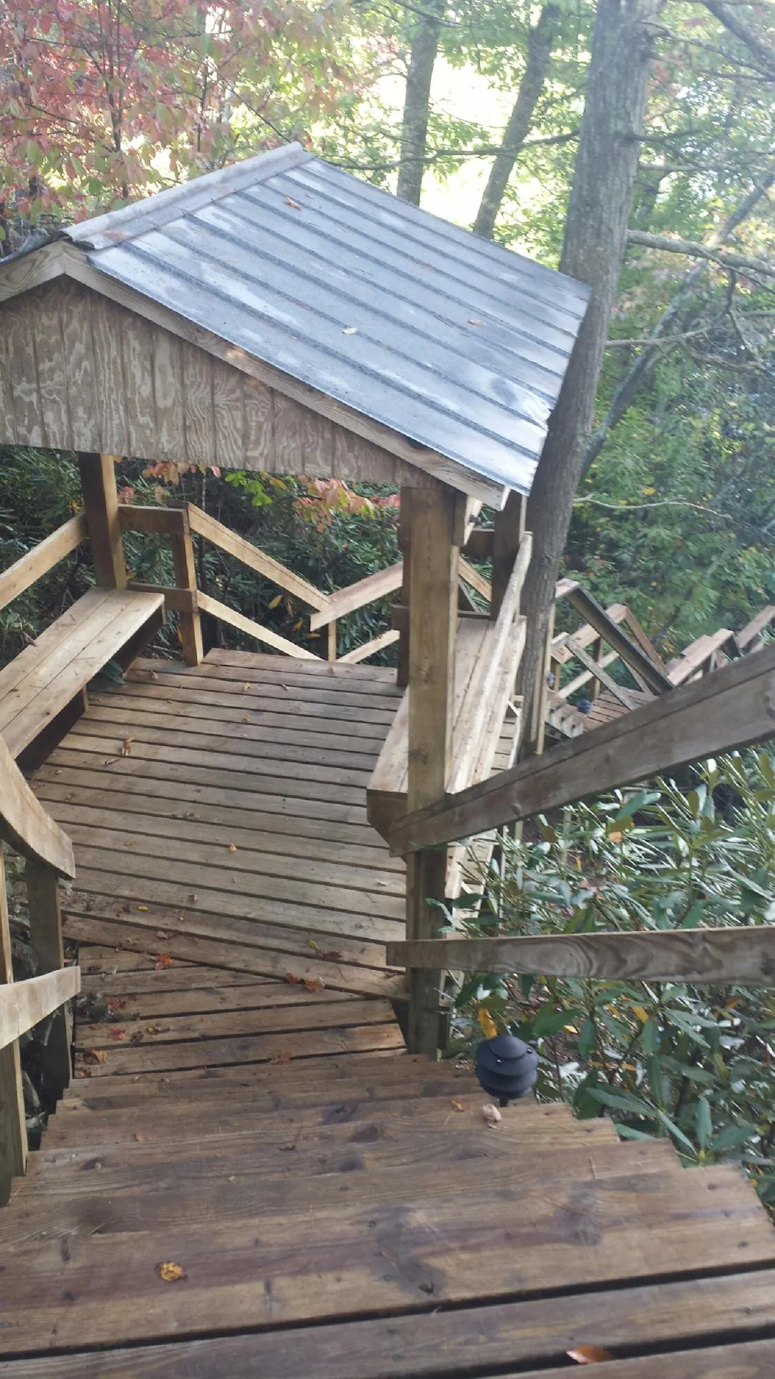 Metal roofed shelter over wooden steps on a wooded walkway — Skylight Repair & Installation work by our crew in Macon